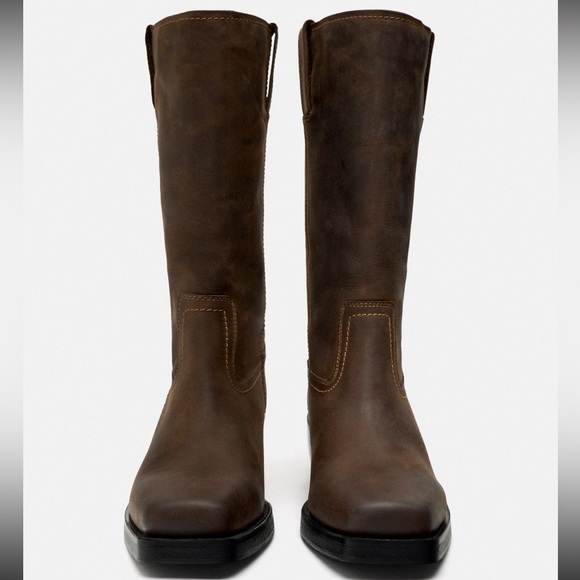 NWT Zara Leather biker boots distressed brown boho western grunge festival oiled - Picture 9 of 16